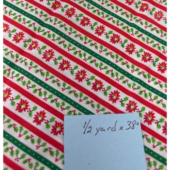 Christmas Striped Fabric Poinsettia & Holly 1/2 yard x 38" Red/Green Cotton Quil - Picture 4 of 10